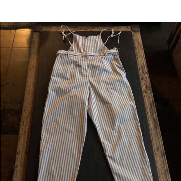 Free People] Blue White strips Belted Overall Jumpsuit - Picture 9 of 16